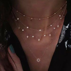 Gold Multichain Boho Crystal Star Womens Necklace